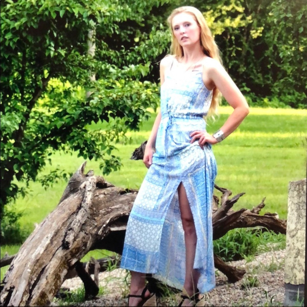 Light blue and cream patchwork design maxi Dress